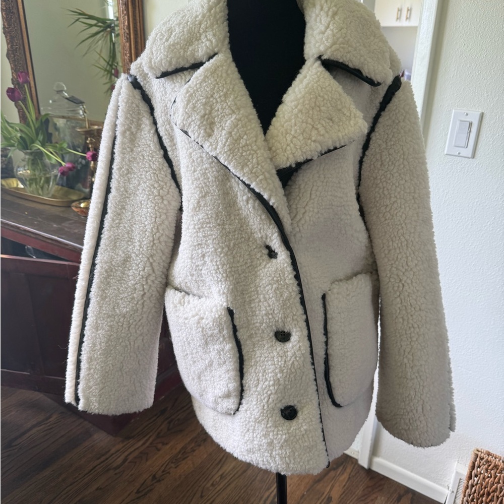 Jason Wu Cozy White Sherpa Jacket with Black Trim